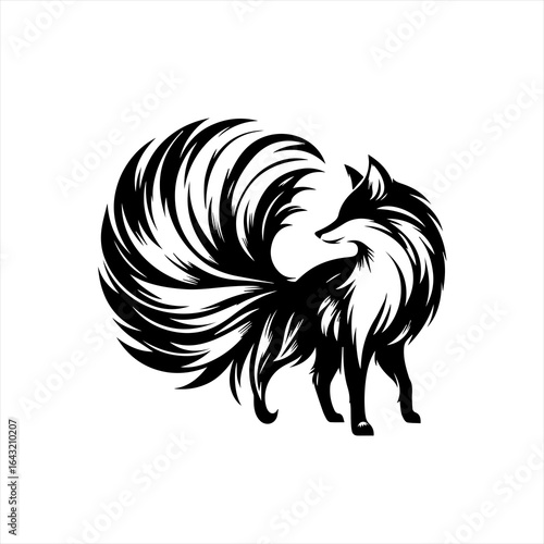 Stylized black fox with a large bushy tail on a white background