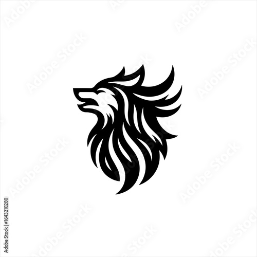 Stylized black wolf head logo with flowing mane on white background