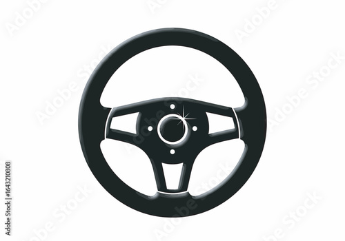 Black leather three-spoke steering wheel, automotive part, isolated on white.
