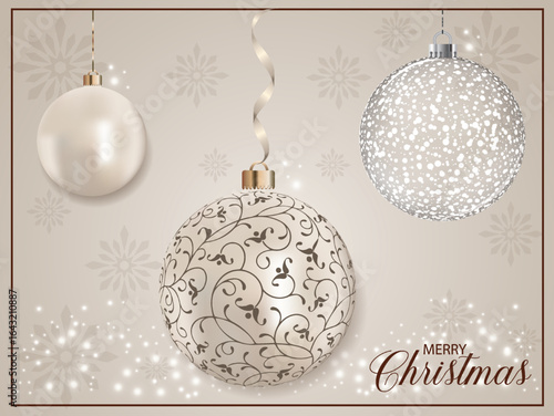A lovely pearly bauble with a swirly pattern on a background of scattered snowflakes.