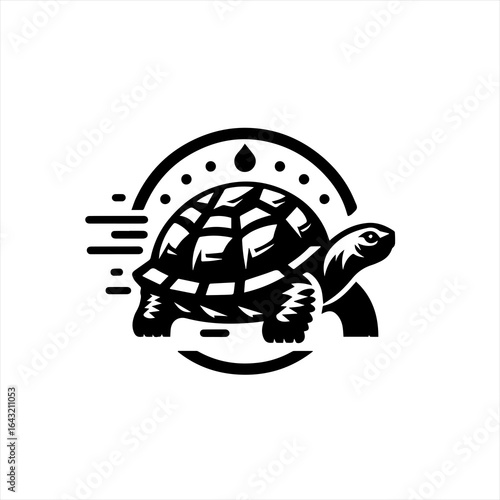 Stylized black and white tortoise logo with a circular emblem