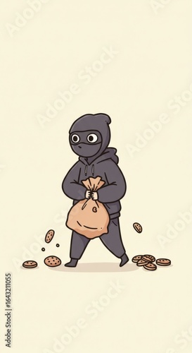 Cartoon burglar carrying a sack of stolen goods in a playful illustration
