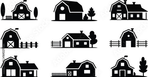 Collection of farm barn and house icons in silhouette style