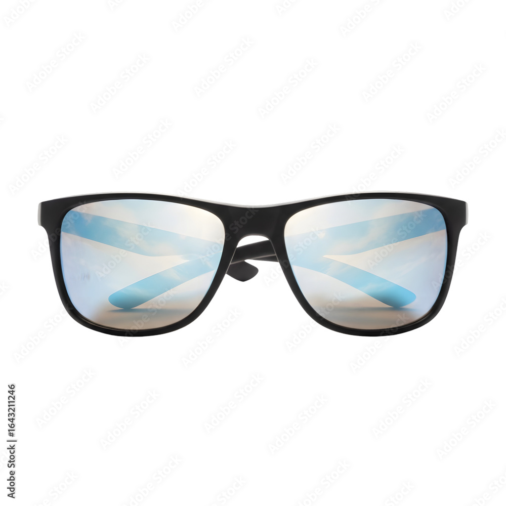 Fototapeta premium Stylish black framed sunglasses with reflective blue lenses, isolated on transparent background
