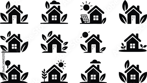 Green energy eco house icons representing sustainability and environmental protection silhouette