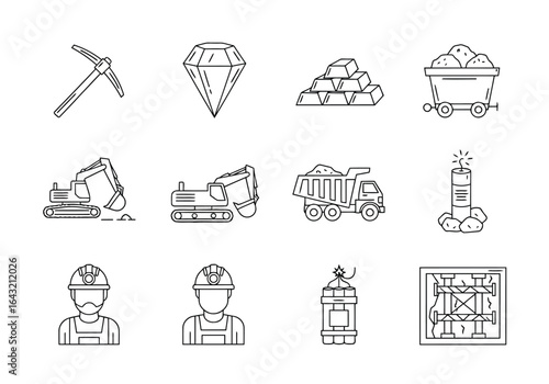 Collection of mining industry icons representing various tools equipment and personnel involved in mineral extraction and construction