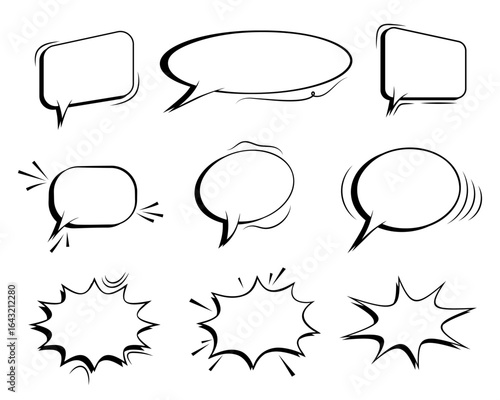 Collection of empty comic speech bubbles with halftone shadows. Hand drawn retro cartoon stickers. Pop art style. Vector illustration.