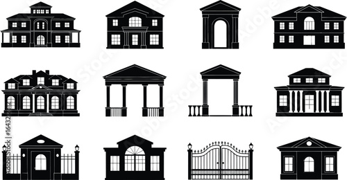 Luxury home and mansion icon set with elegant silhouette designs