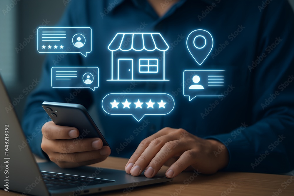 Fototapeta premium Close-Up of Hands Holding Smartphone and Laptop with Futuristic Business Icons, Location Pins, Star Ratings, and Speech Bubbles, Modern Technology Concept in Soft Diffused Lighting