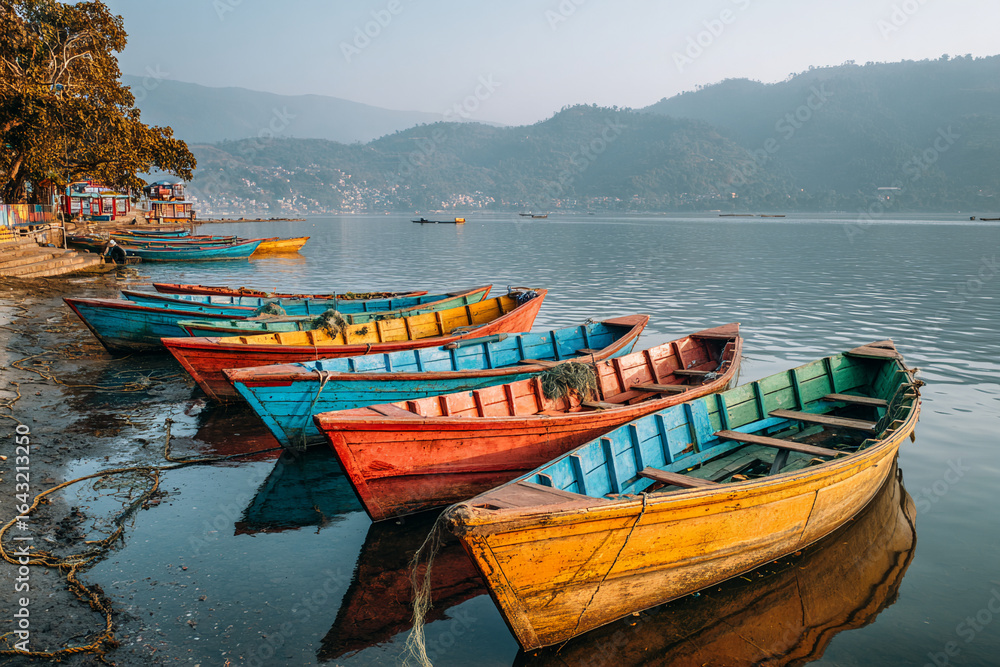 Obraz premium Row of colorful fishing boats moored along a quiet riverbank, reflection shimmering in the water, distant hills covered in morning mist