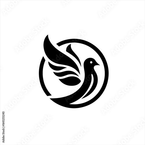 Stylized black dove in flight within a circle logo
