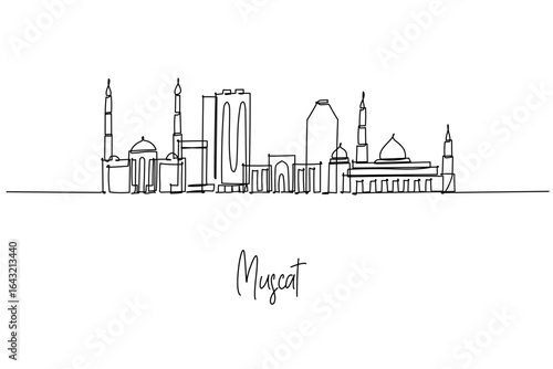 Minimal continuous line city skyline of Muscat, Oman, highlighting mosques and coastal landmarks.