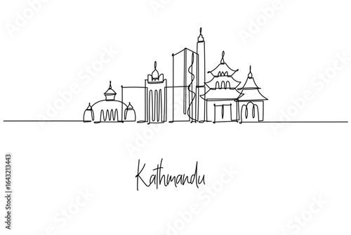  Minimal continuous line city skyline of Kathmandu, Nepal, highlighting temples and modern buildings.