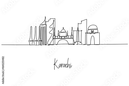 Minimal single-line city skyline of Karachi, Pakistan, featuring coastal landmarks and Mazar-e-Quaid.