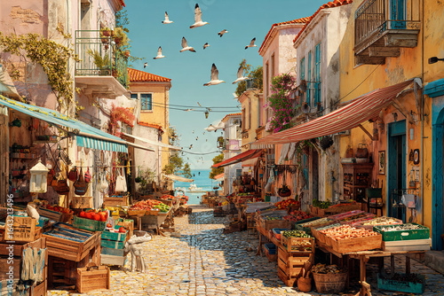 Fototapeta Naklejka Na Ścianę i Meble -  Street market at dawn in a small Mediterranean coastal town, colorful stalls filled with fresh seafood, vegetables, and handmade goods