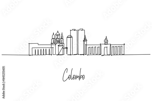 Colombo, Sri Lanka city skyline shown as a continuous line drawing, blending facades, colonial halls and modern towers; a minimalist vector city silhouette for architecture, culture and travel.