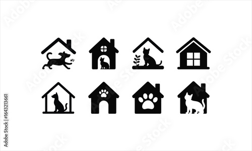 Collection of pet friendly home and animal shelter icons in silhouette style