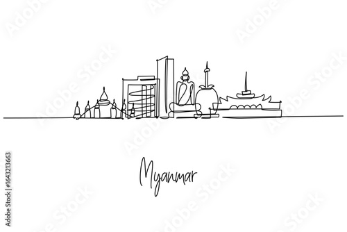 Minimal continuous line city skyline of Myanmar, featuring Yangon icons like Shwedagon Pagoda, a seated Buddha, and the Karaweik Palace.