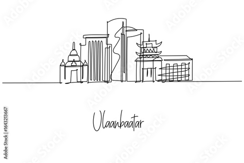 Ulaanbaatar, Mongolia city skyline illustrated as a one line drawing, blending modern towers with temple heritage; a minimalist vector concept for architecture lovers, travel themes, and culture.