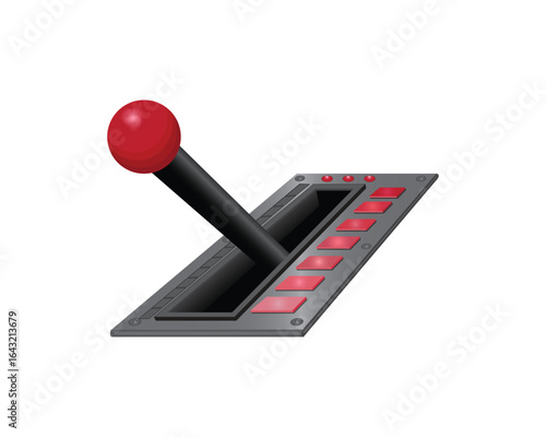vector design of a lever or joystick with a red handle and buttons. This design resembles manual controls such as those on heavy equipment or machines or airplanes, also on video game simulators.
