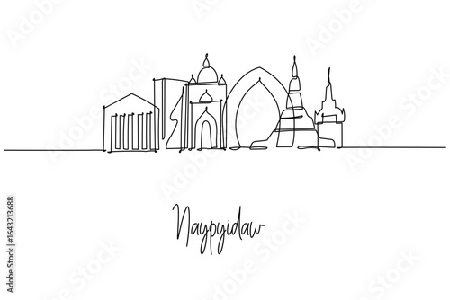 Minimal single-line city skyline of Naypyidaw, Myanmar, combining modern civic buildings with temples and stupas.