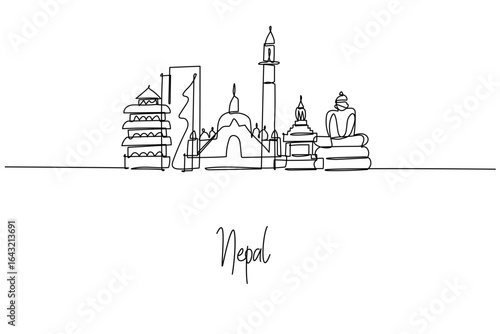 Minimal line-art city skyline of Kathmandu, highlighting stupas, Dharahara and modern buildings.