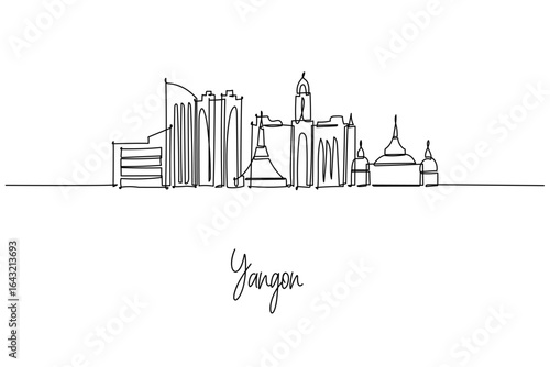 Minimal single-line city skyline of Yangon, Myanmar, featuring pagodas and modern buildings.