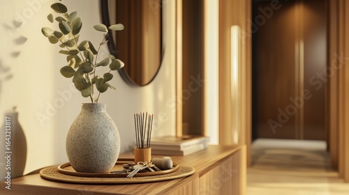 A modern apartment hallway.  A wooden table holds a ceramic vase with eucalyptus, incense sticks, and keys on a bamboo tray near a mirror.
