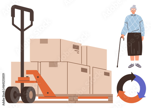 Elderly woman with cane next to stacked boxes on pallet jack, featuring a recycling symbol. Ideal for logistics, supply chain, sustainability, aging care, consumer goods, warehouse, process flow