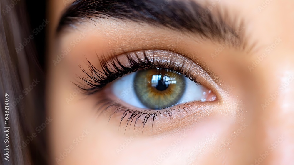 Obraz premium Close up macro shot of bright green eye with long dark eyelashes and defined eyebrow against smooth skin, showing intricate iris detail and natural beauty.