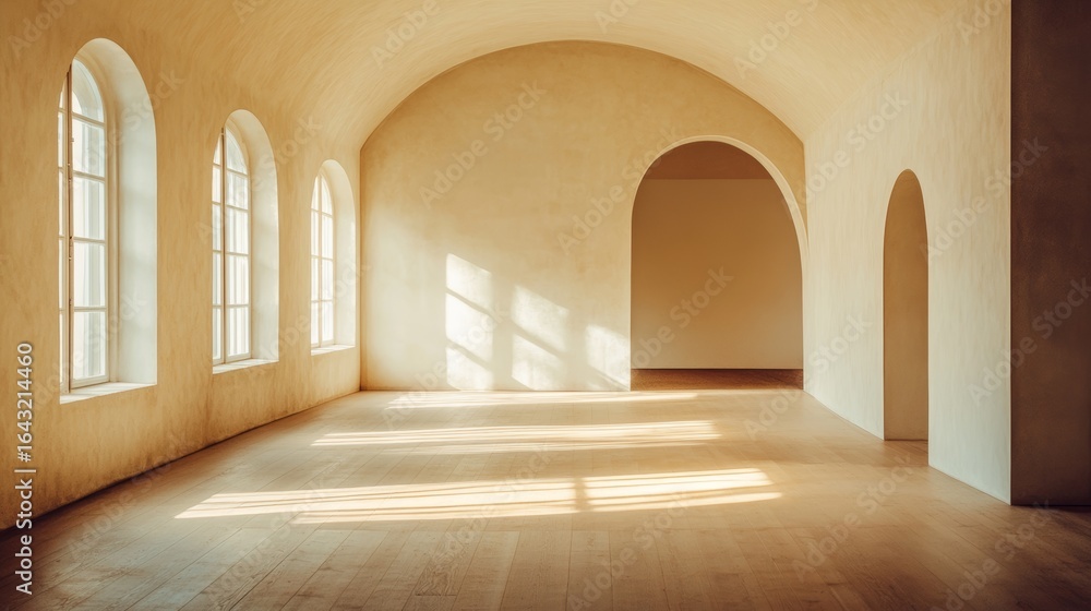 Fototapeta premium A modern, empty room with arched doorway. Sunlight streams in, highlighting the wooden floor. It could be a living room, office, or gallery. 