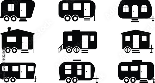 Collection of recreational vehicle and trailer icons in silhouette style