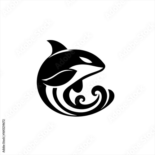 Stylized orca killer whale and wave logo design