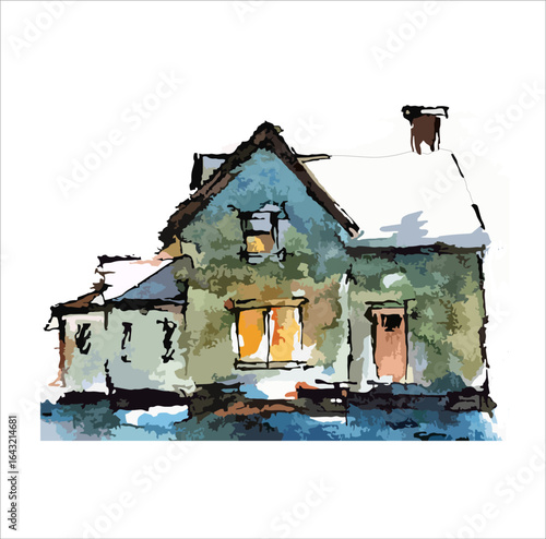Winter landscape watercolor, countryside snowy village