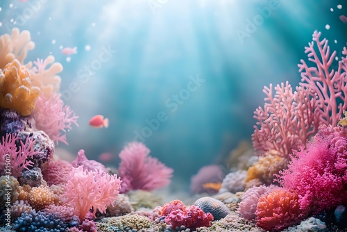 Fototapeta Naklejka Na Ścianę i Meble -  Vibrant underwater scene with pink and orange coral reef formations, small tropical fish swimming among soft corals in turquoise blue water with rays of light.