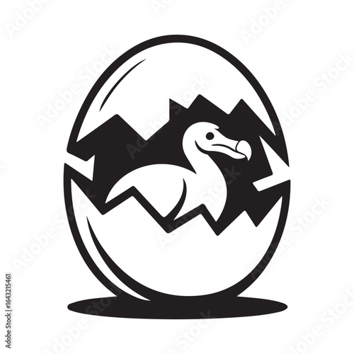 A dodo bird hatching out of a cracked egg in black and white art