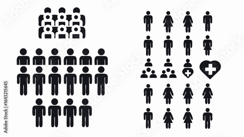 Illustration showing groups of people, including men, women, and a medical heart symbol in black color | editable eps vectors silhouette