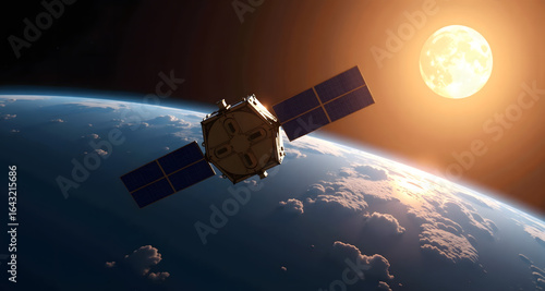 Satellite orbiting earth with the sun in background for space exploration