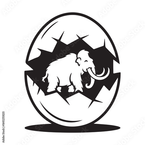 A mammoth emerging from a cracked egg in a black and white design