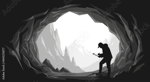 exploring new frontiers a silhouette of a researcher taking notes at the mouth of a cave against a dramatic mountain landscape symbolizing discovery and innovation