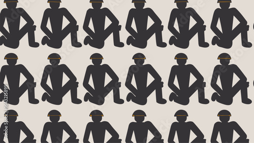 Patterned background featuring multiple silhouetted figures kneeling with headwear in a repeating arrangement | editable eps vectors
