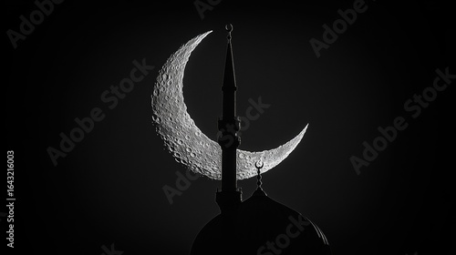 A mosque silhouetted against a crescent moon.  Perfect for Ramadan, Laylat al-Qadr, or other Islamic themes.  Space for your text.
