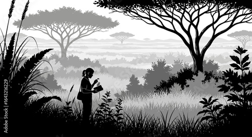 botanist studying flora in serengeti a grayscale illustration depicting scientific research and exploration of african savannah biodiversity