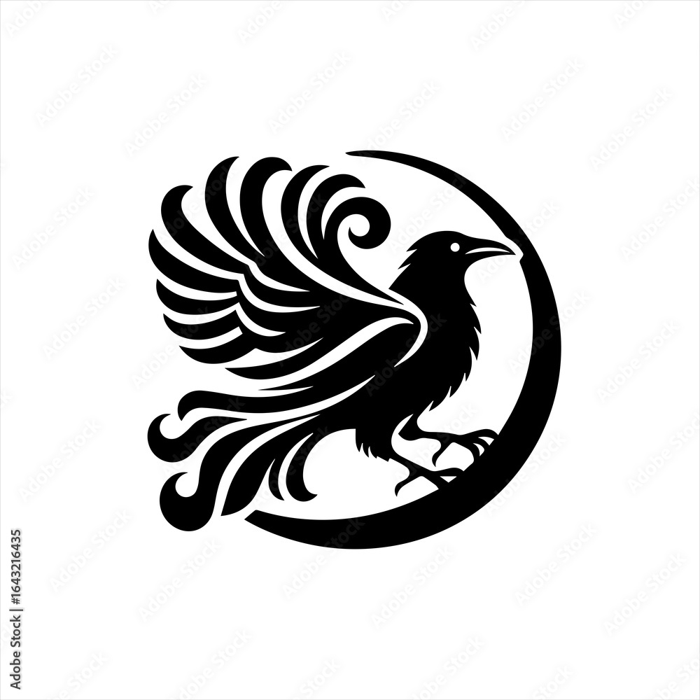 Fototapeta premium Stylized black raven with ornate wings on a crescent moon