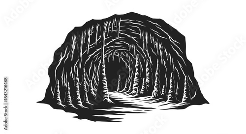 mysterious cave entrance black and white illustration for fantasy adventure and mystery designs