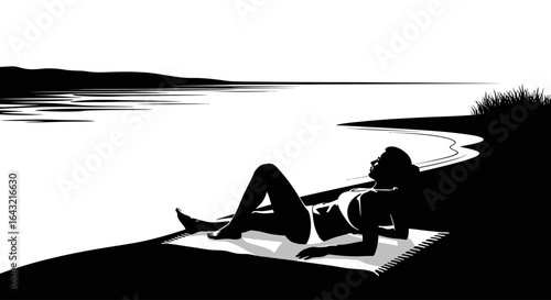 peaceful lakeside relaxation woman sunbathing on serene beach black and white silhouette illustration for wellness travel and summer designs