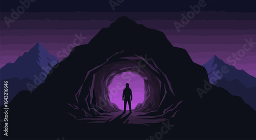 silhouette of a man standing at the mouth of a cave facing an uncertain future a powerful image for exploring themes of courage exploration and the unknown