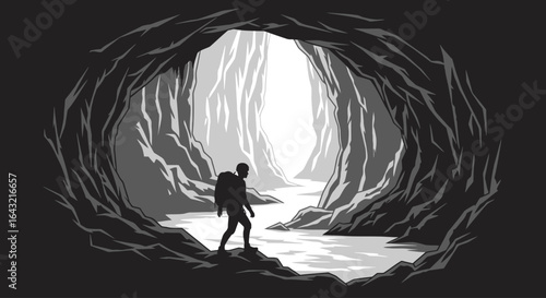 emerging from darkness a hikers journey through a mysterious cave symbolizing overcoming challenges and finding new paths to success