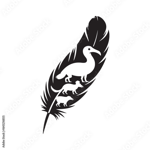 A black feather with white animals silhouettes inside the feather