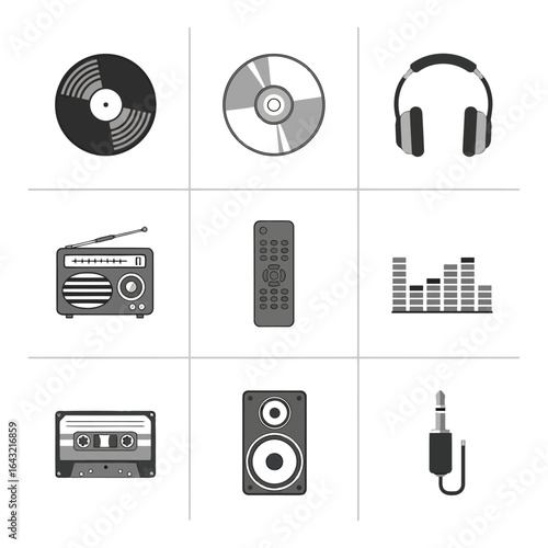 Art of music and audio devices set, isolated on white background